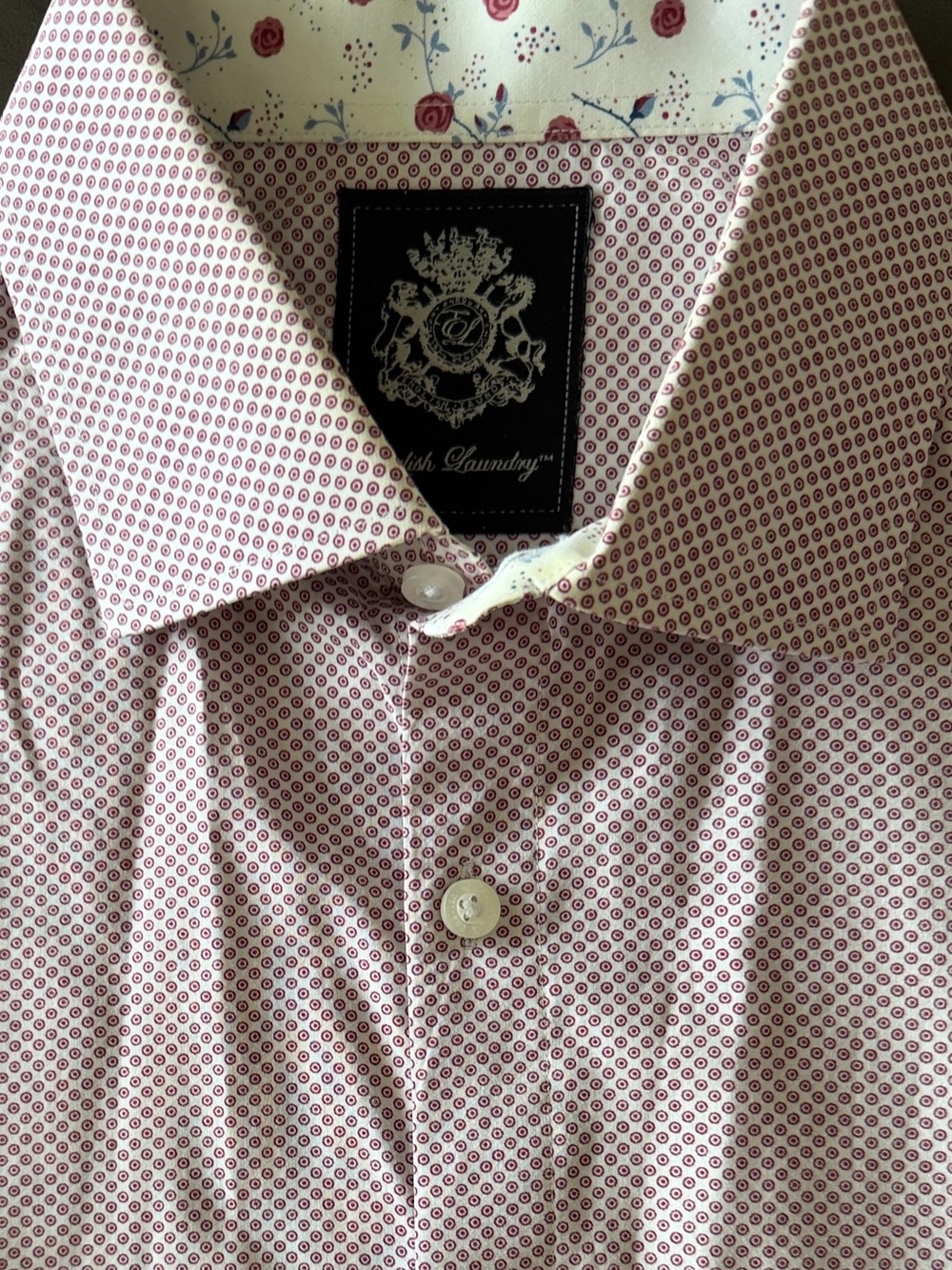 English Laundry Men's White Shirt with Red Microdot and Floral Trim